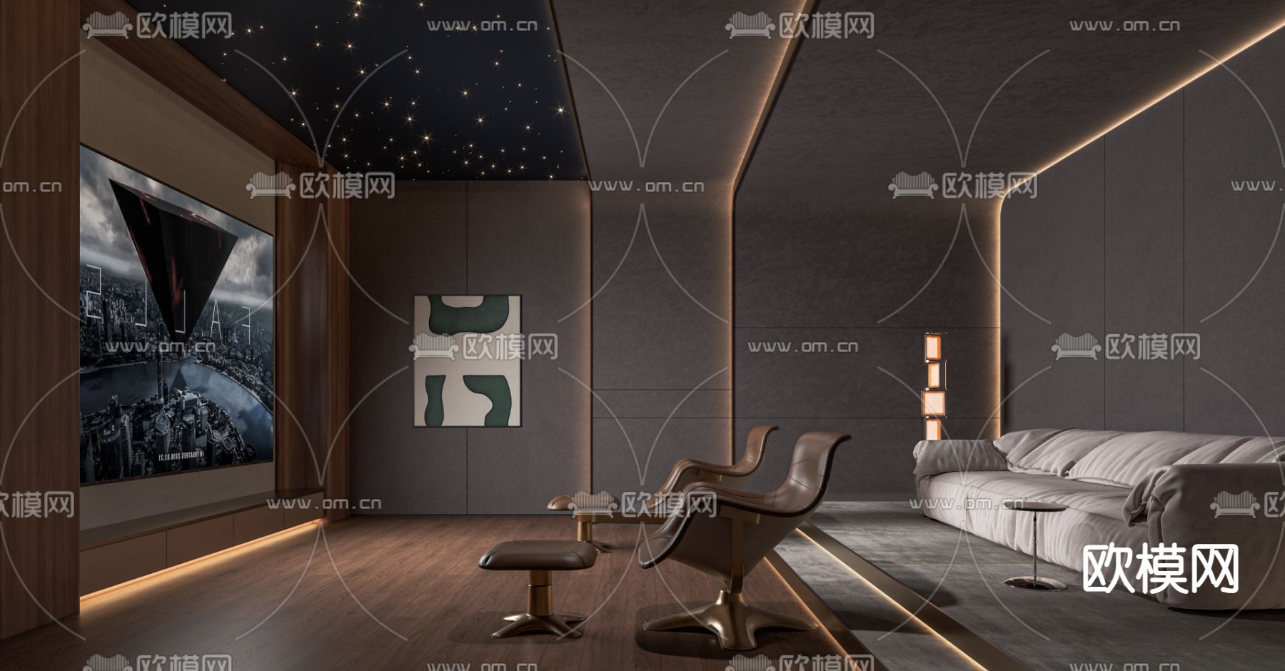 现代影音室 视听室 家庭影院3d模型下载（渲染图1）