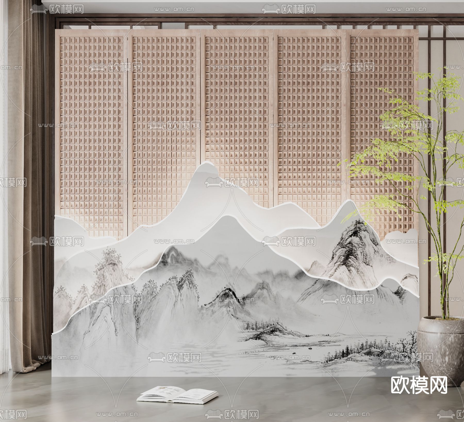 新中式背景墙隔断su模型下载（渲染图2）