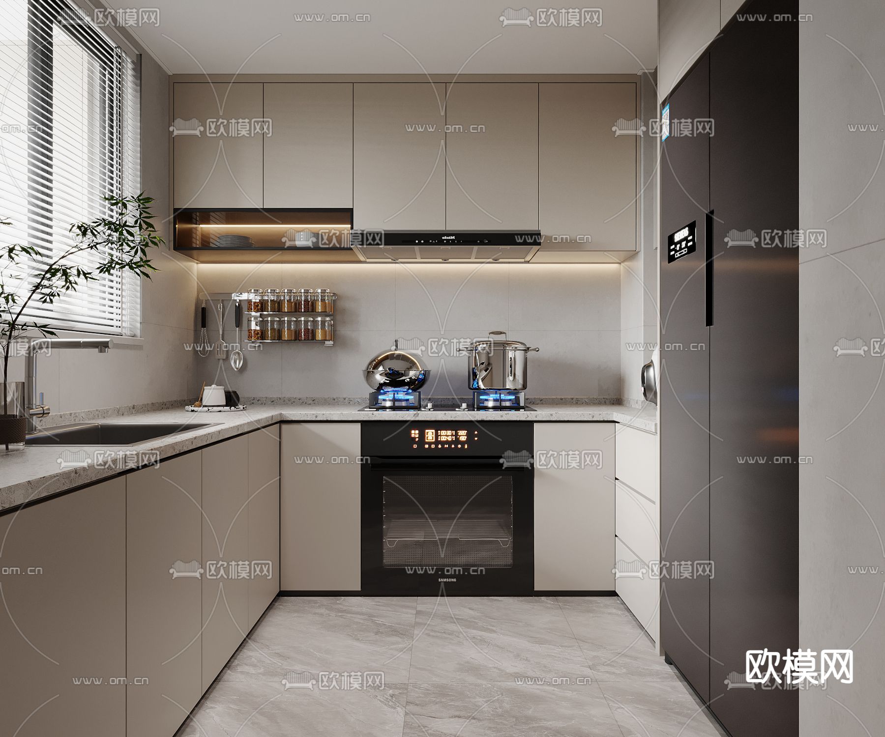 现代厨房 橱柜3d模型下载（渲染图1）