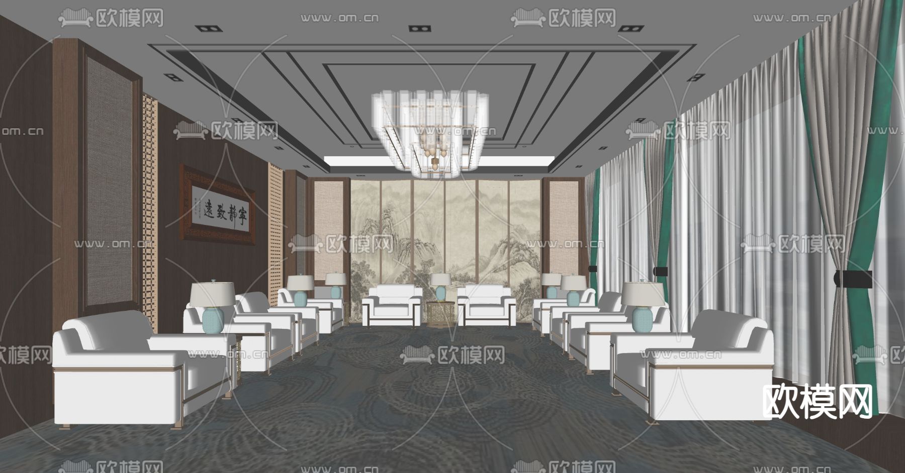 新中式接待室 会客厅su模型下载（渲染图1）