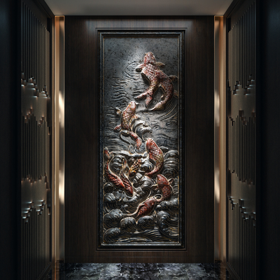  新中式玄关 浮雕玄关 玉石浮雕su模型 