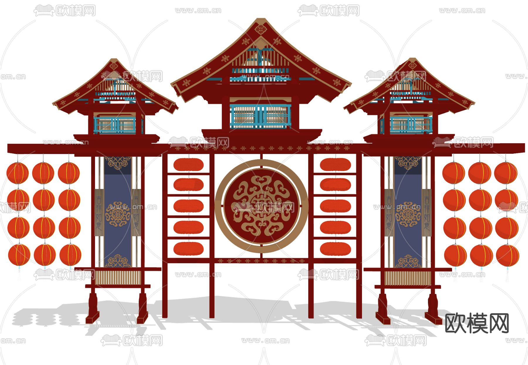 新中式灯笼墙 网红美陈su模型下载（渲染图1）