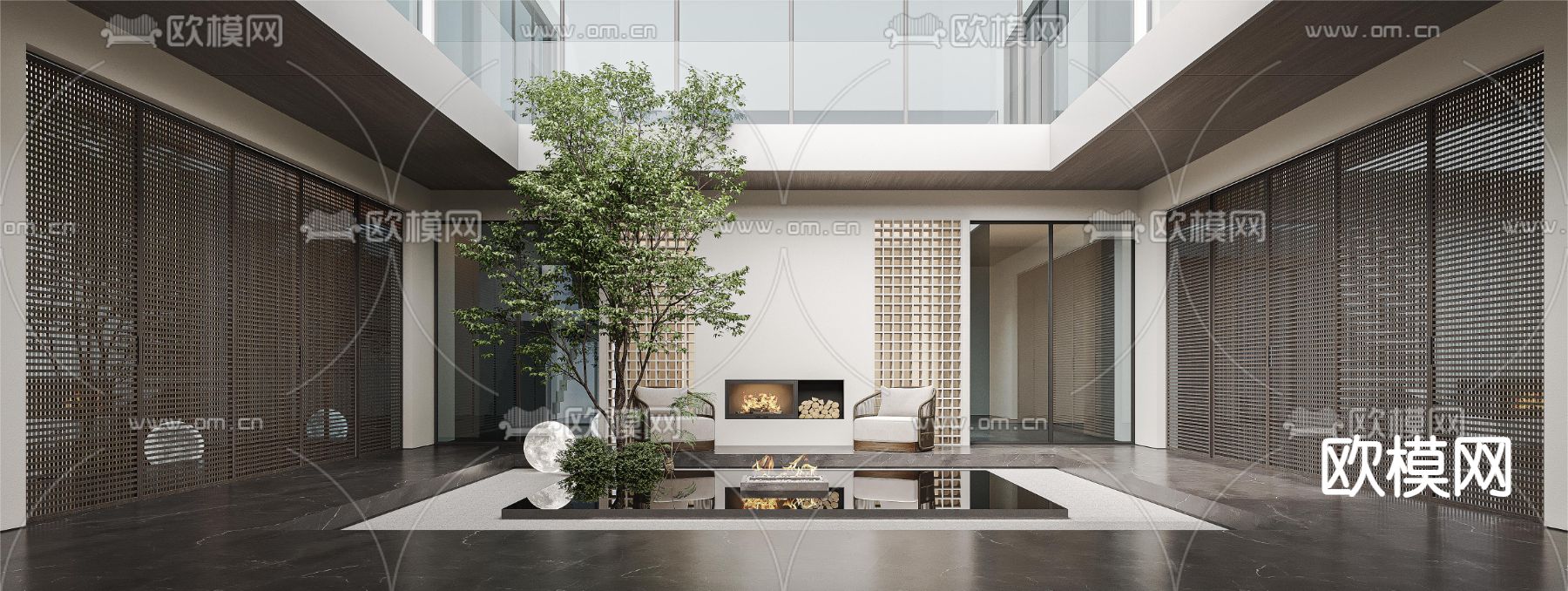 新中式天井 酒店中庭3d模型下载（渲染图1）