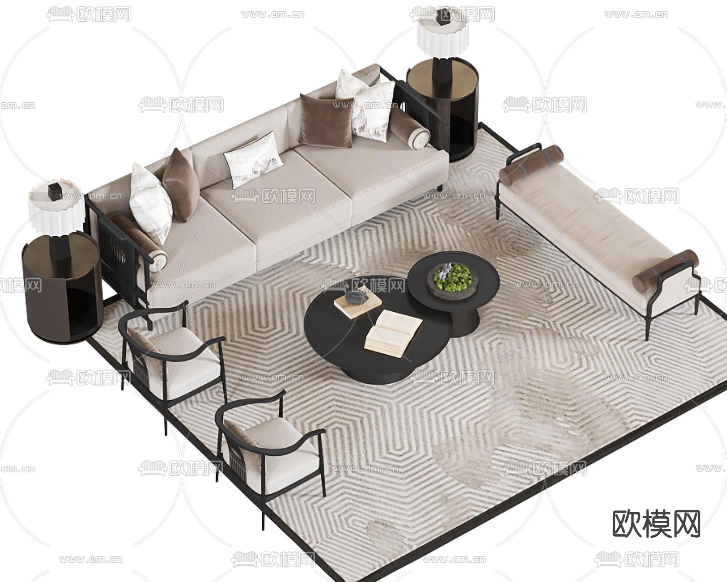 新中式组合沙发su模型下载（渲染图2）