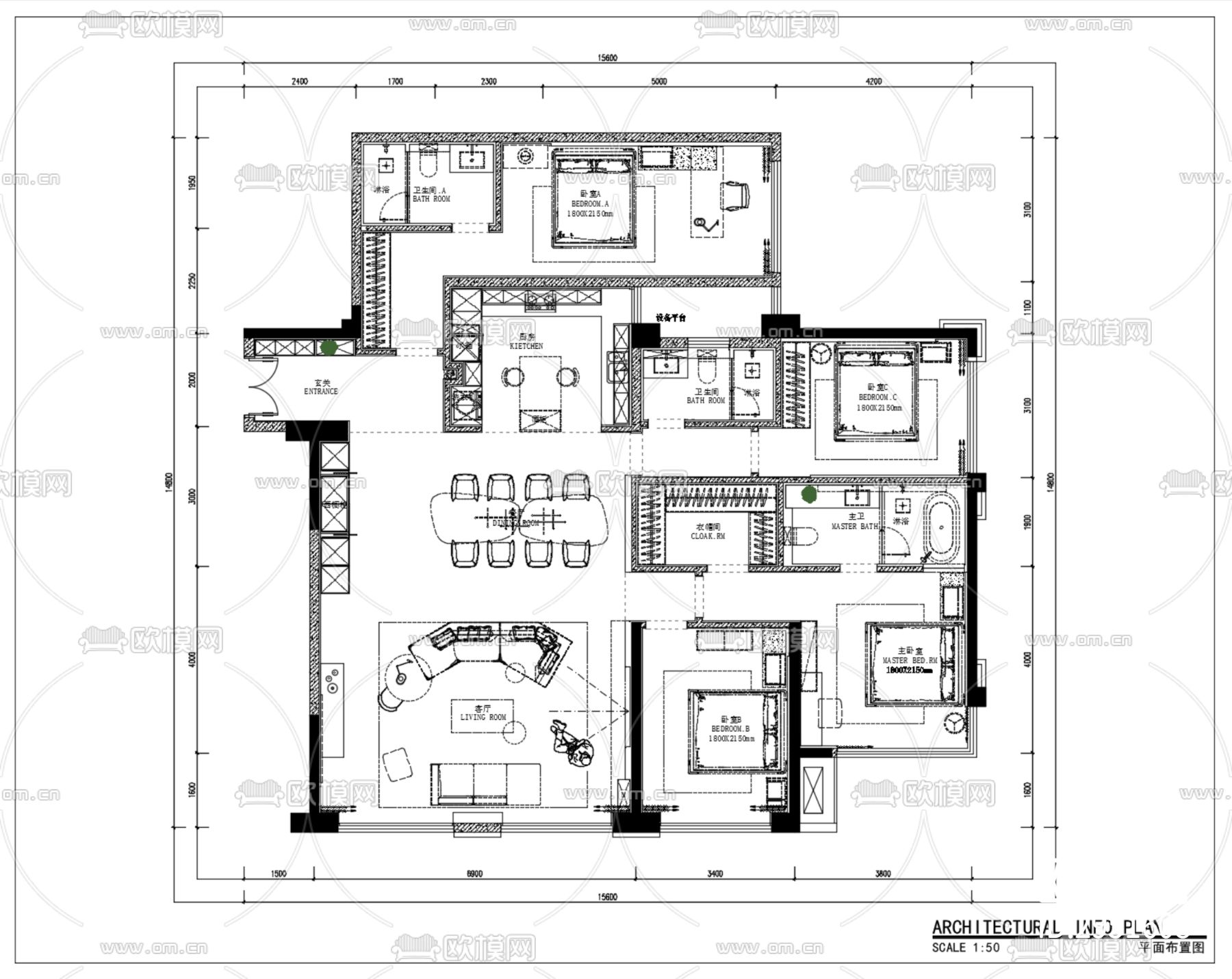 DIA丹健国际-成都合能枫丹铂麓188户型cad施工图下载（渲染图1）
