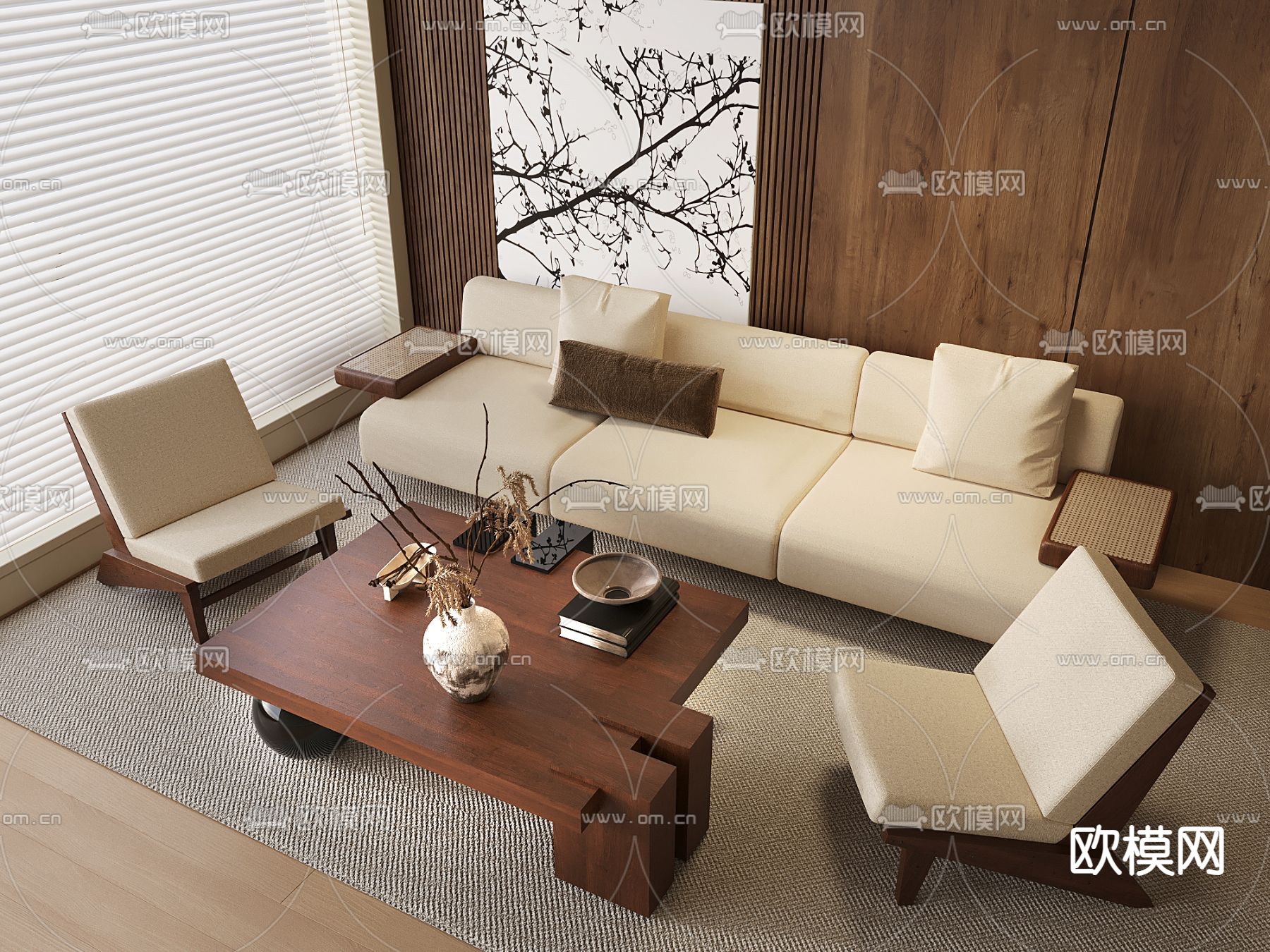 奶油组合沙发su模型下载（渲染图2）