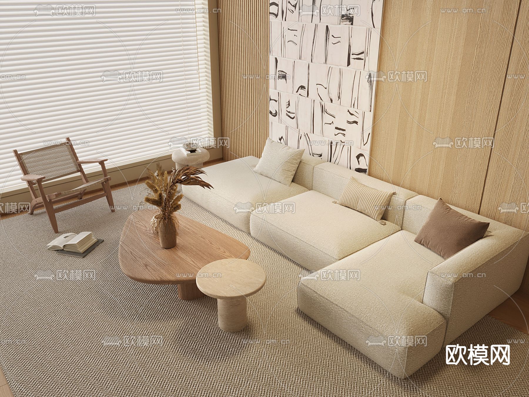 奶油风多人沙发su模型下载（渲染图2）