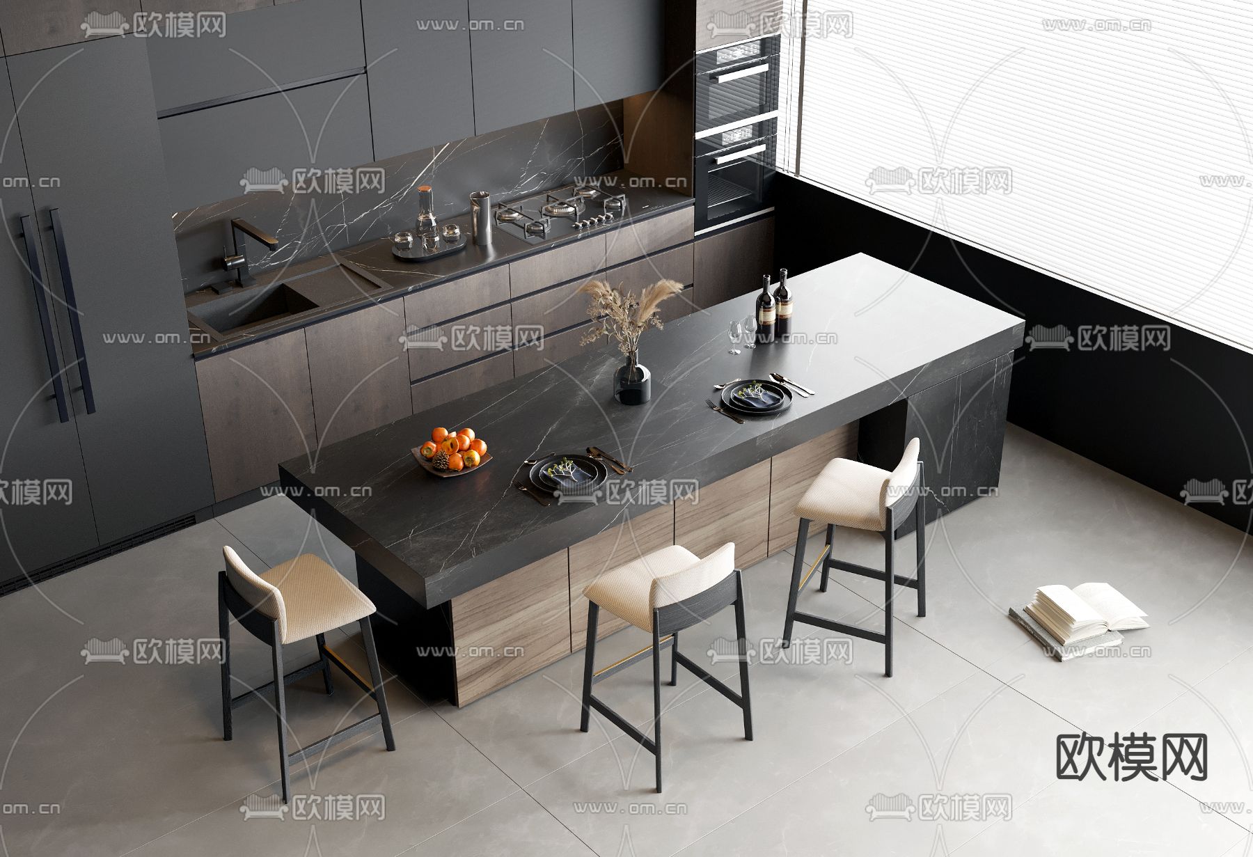 暗黑风吧台 中岛台 橱柜3d模型下载