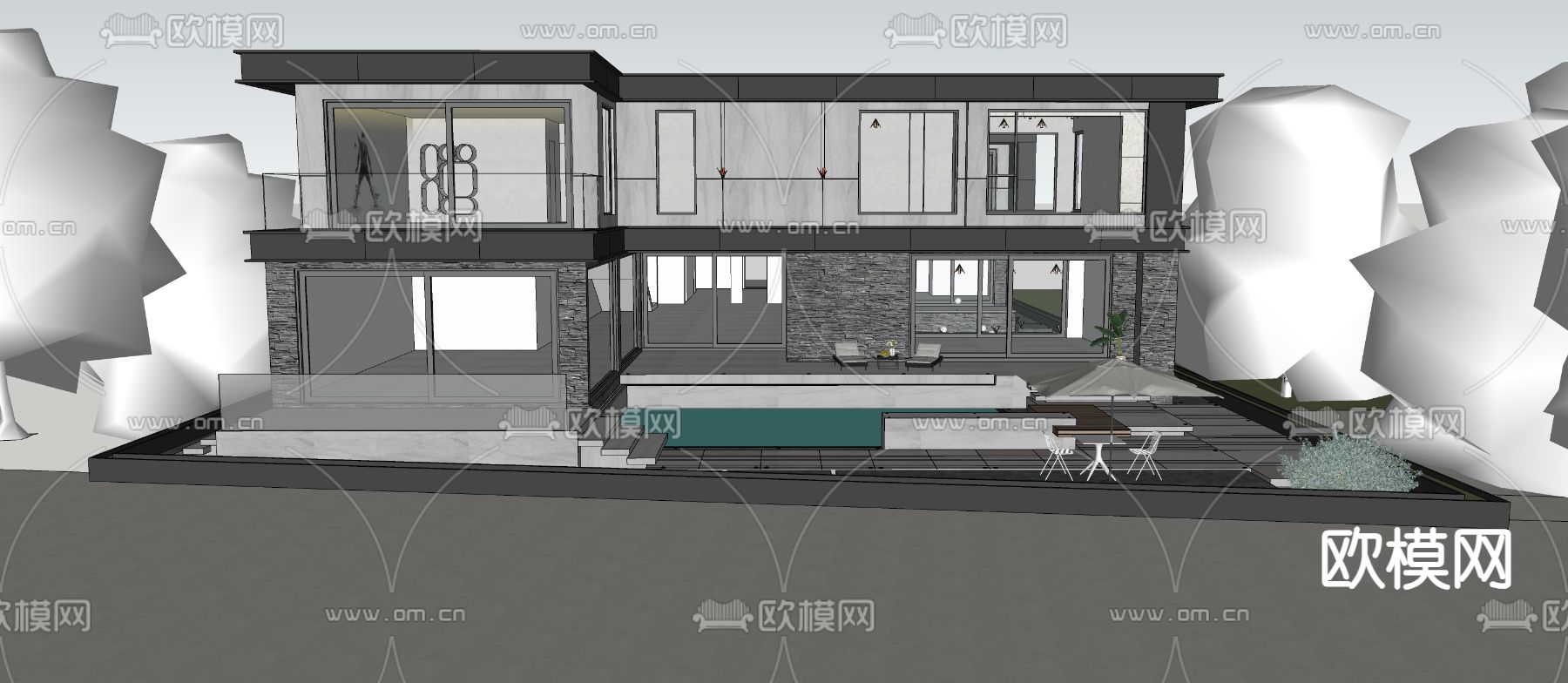 现代独栋别墅su模型下载（渲染图1）