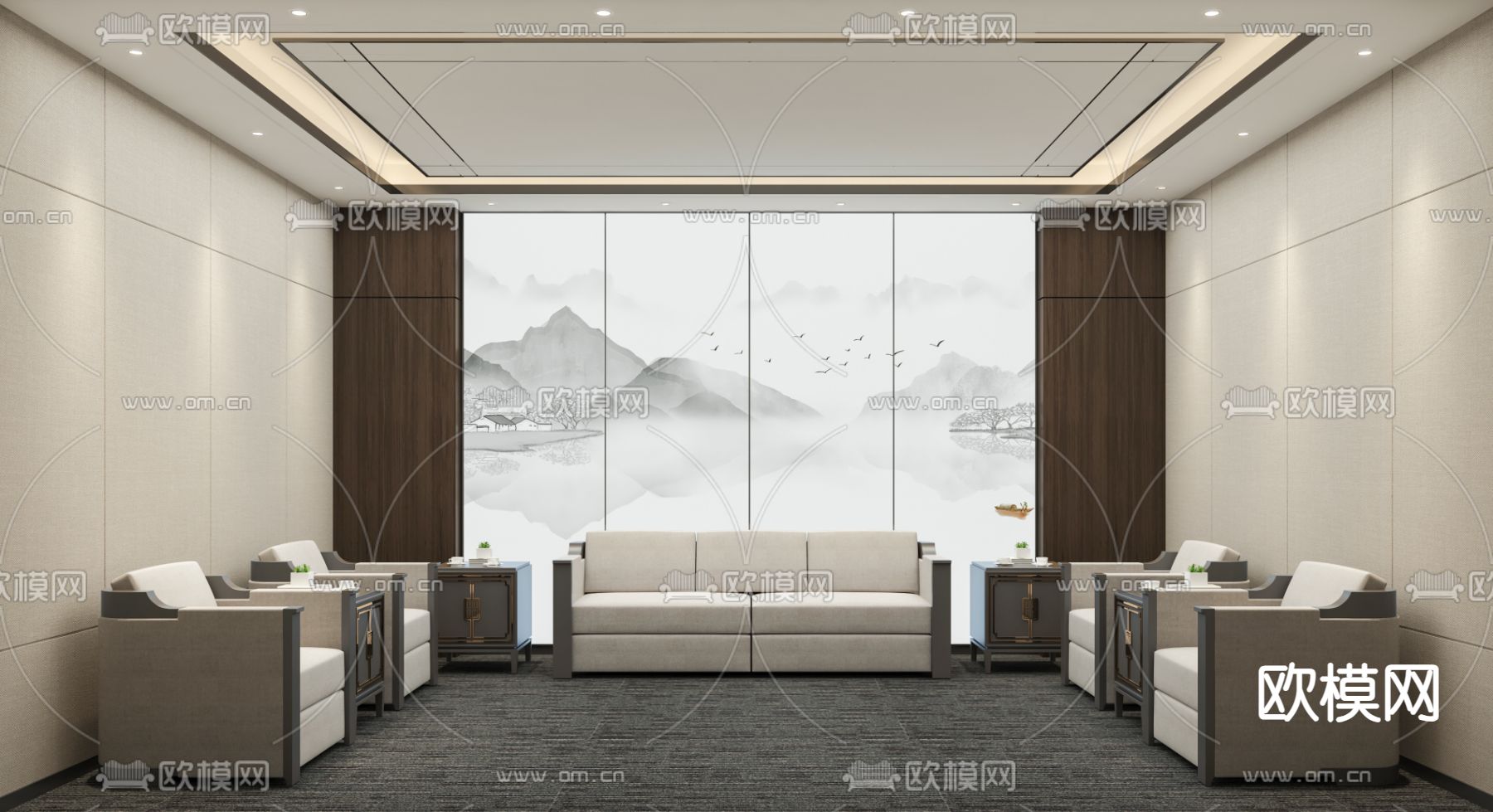 新中式接待室 会客厅su模型下载（渲染图2）