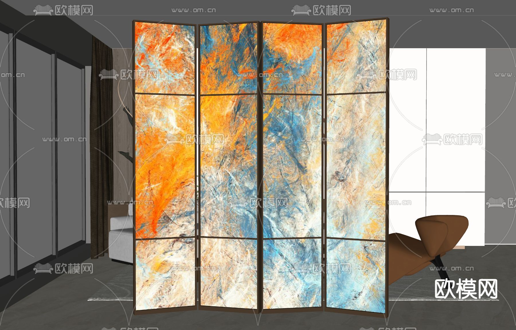 简欧屏风 隔断su模型下载（渲染图1）