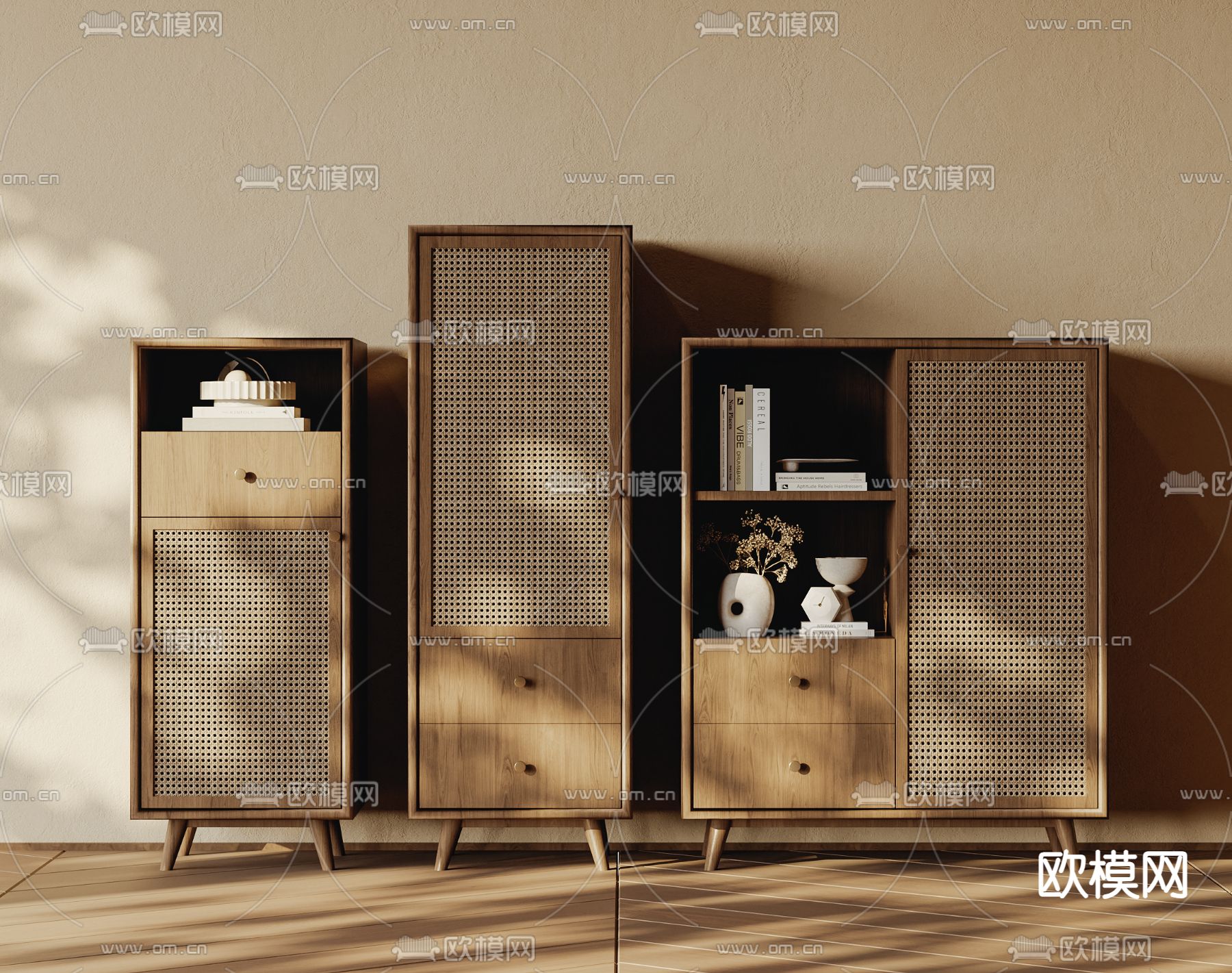 侘寂风斗柜 边柜 藤编柜3d模型下载