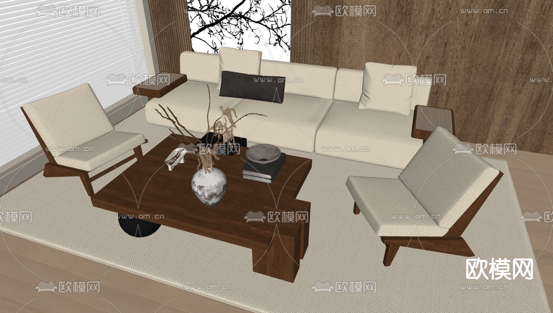 奶油组合沙发su模型下载（渲染图1）