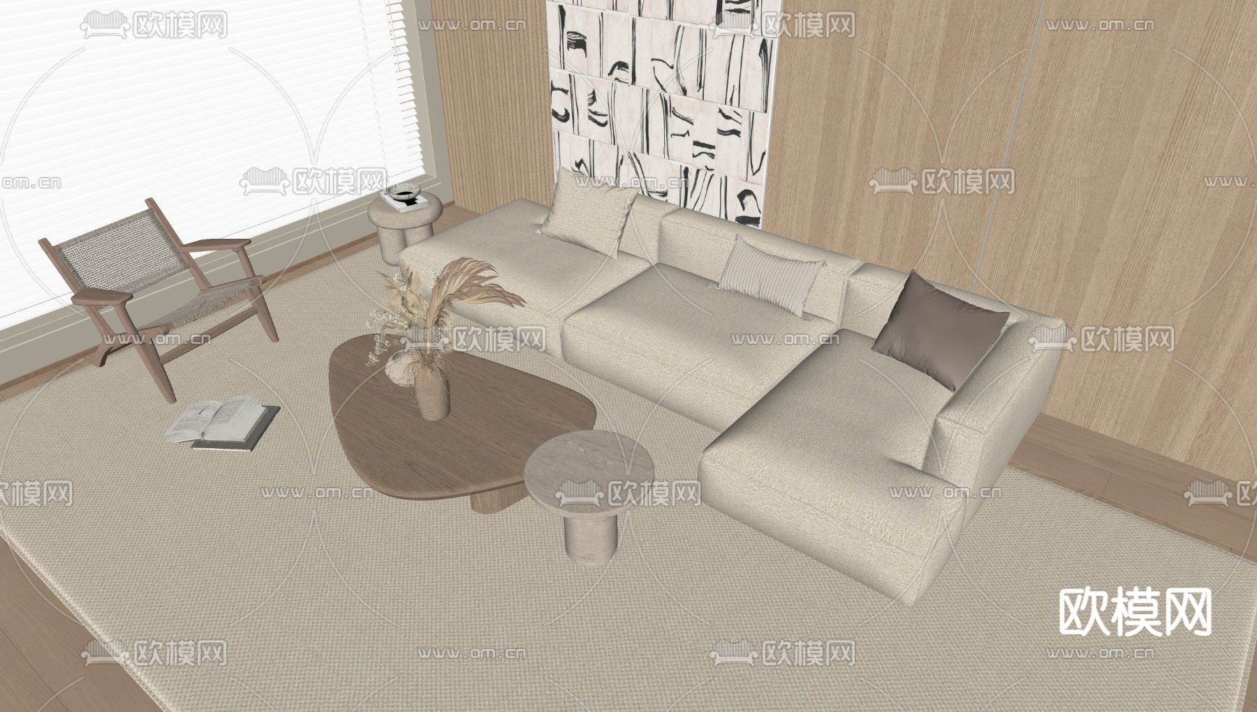 奶油风多人沙发su模型下载（渲染图1）