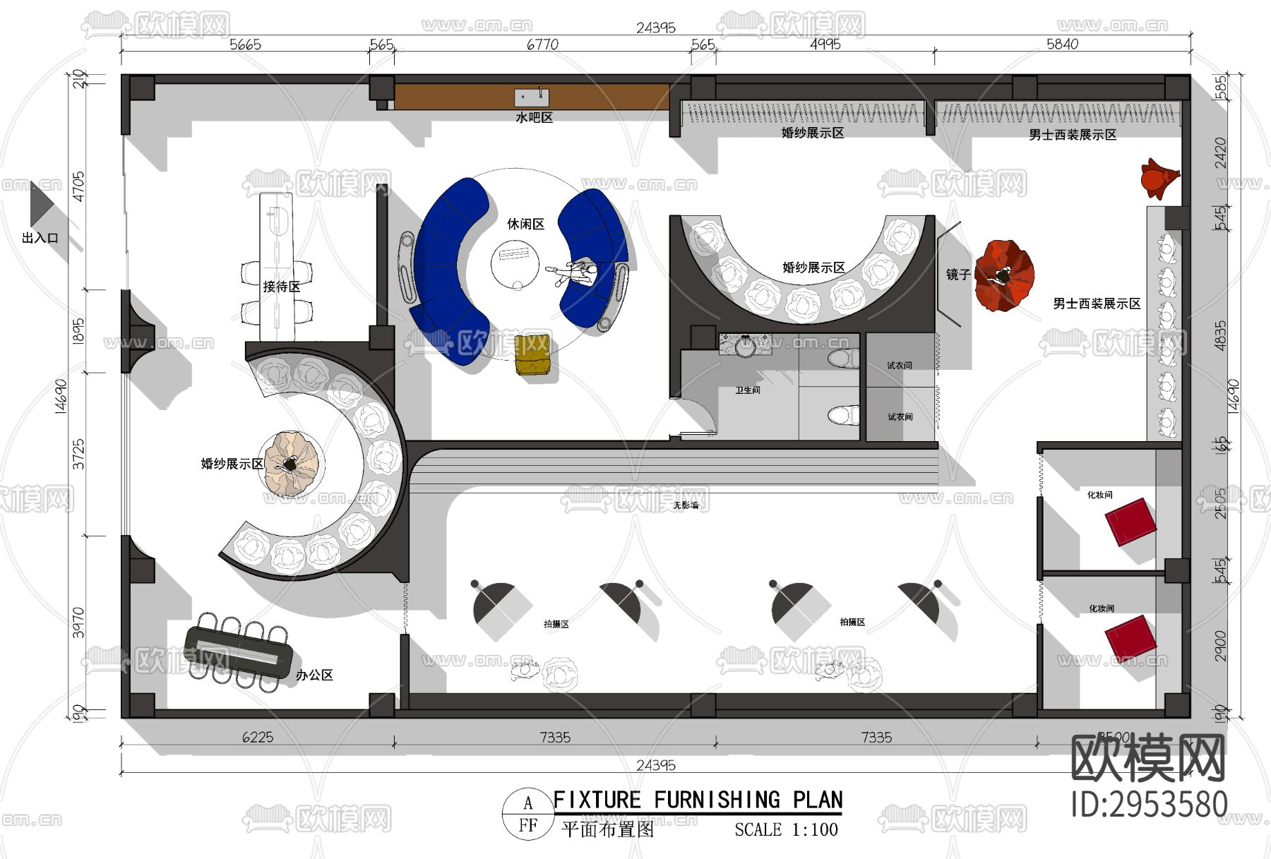 现代婚纱馆 礼服馆婚纱礼服店平面布置图cad施工图下载