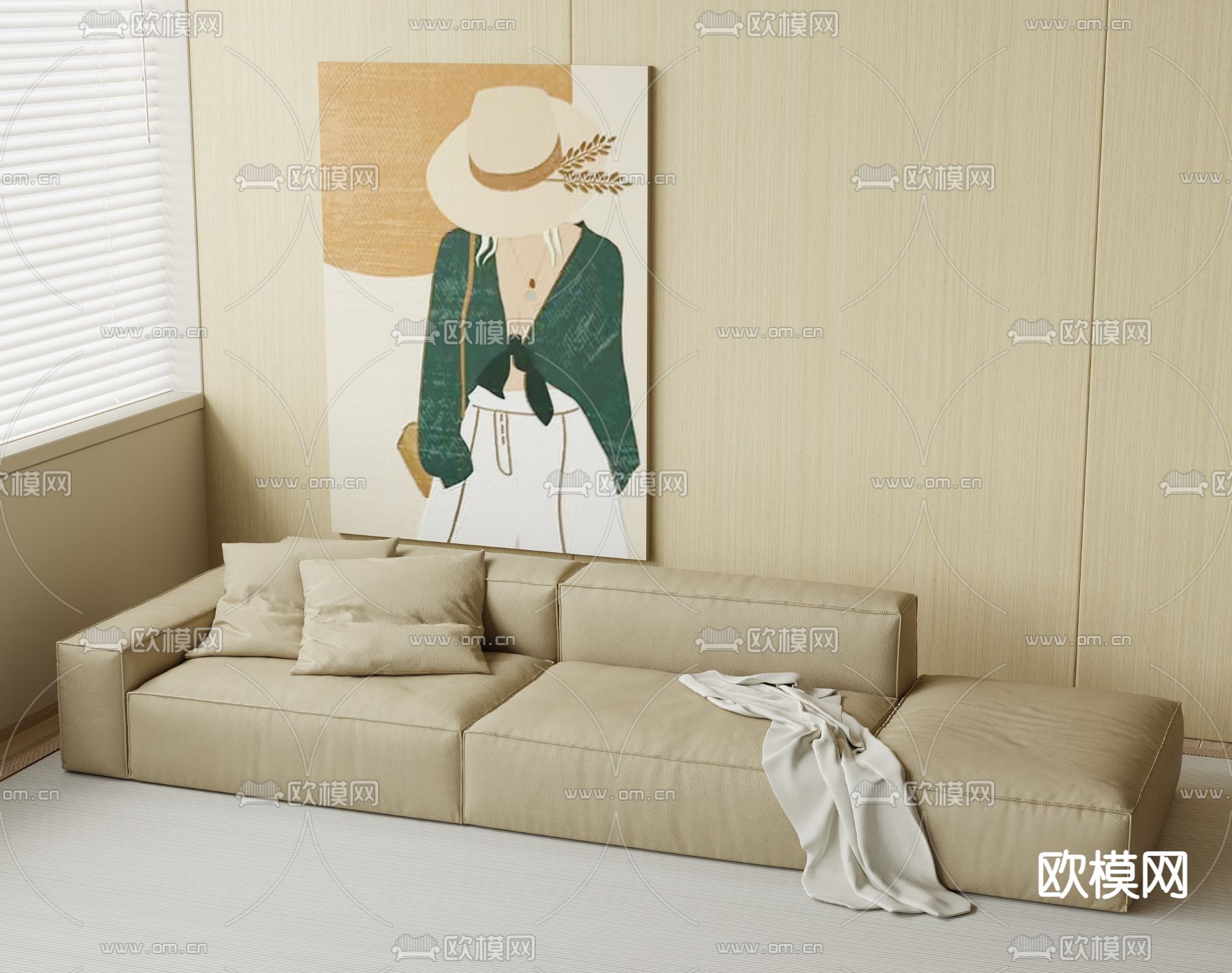 奶油风皮沙发 多人沙发3d模型下载