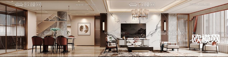 新中式客厅 餐厅3d模型下载(渲染图3)