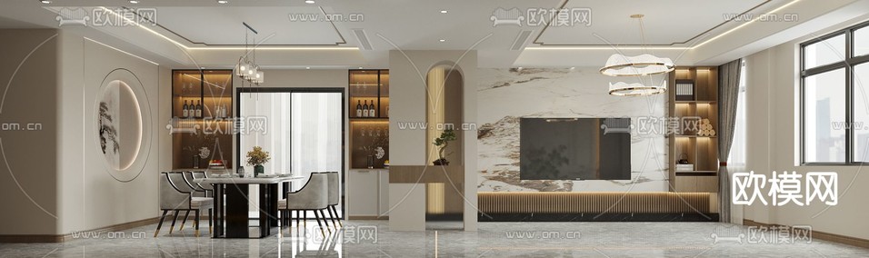 新中式客厅 餐厅3d模型下载(渲染图2)