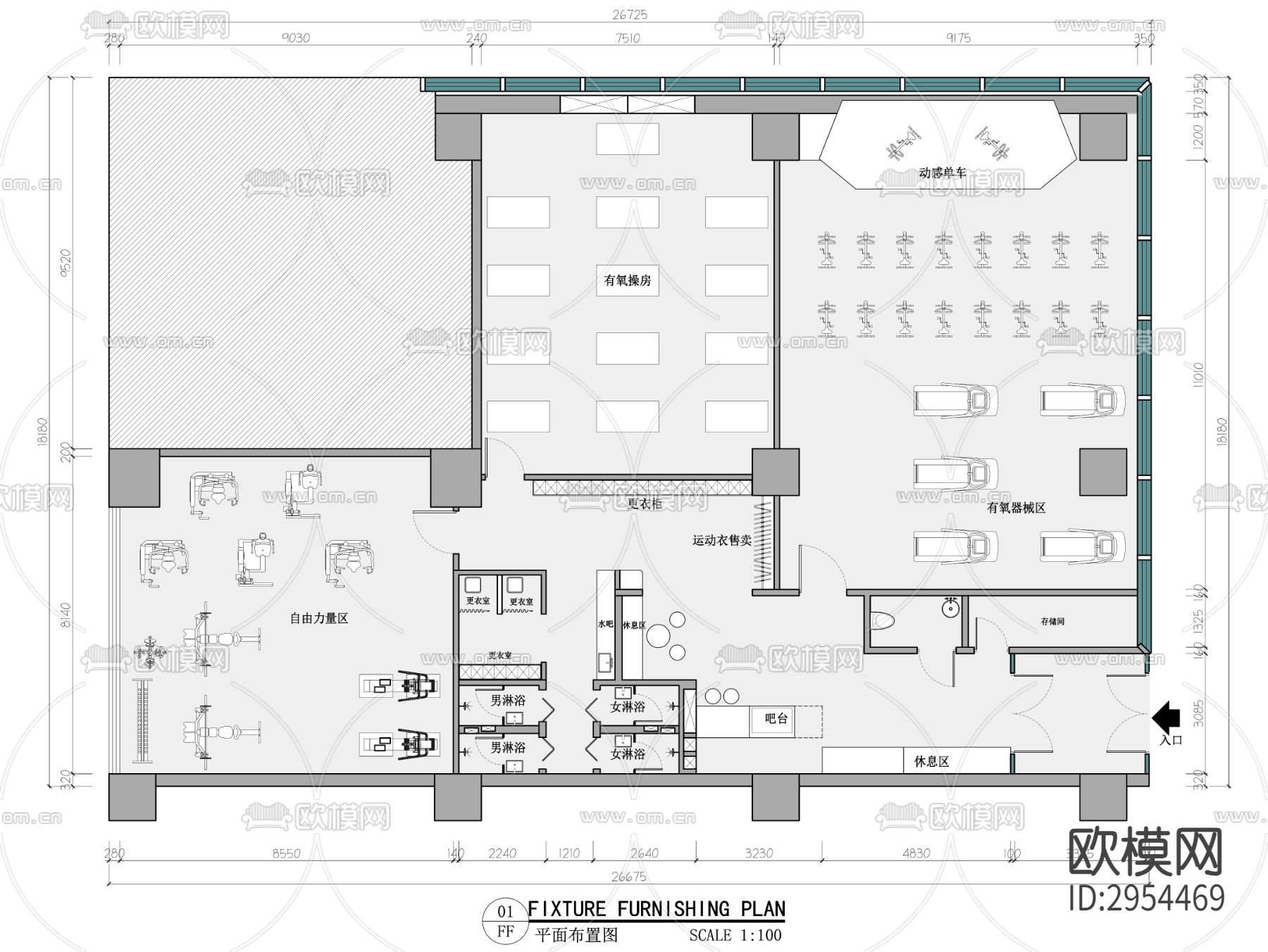 健身房平面布置图cad施工图下载