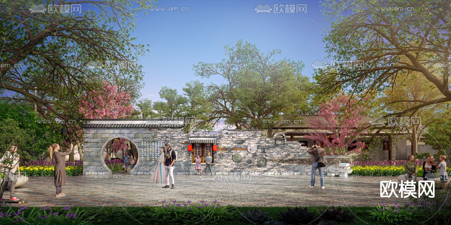 中式景墙小品3d模型下载