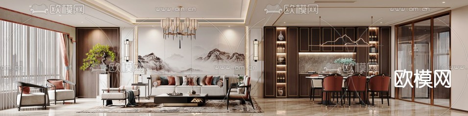 新中式客厅 餐厅3d模型下载(渲染图1)