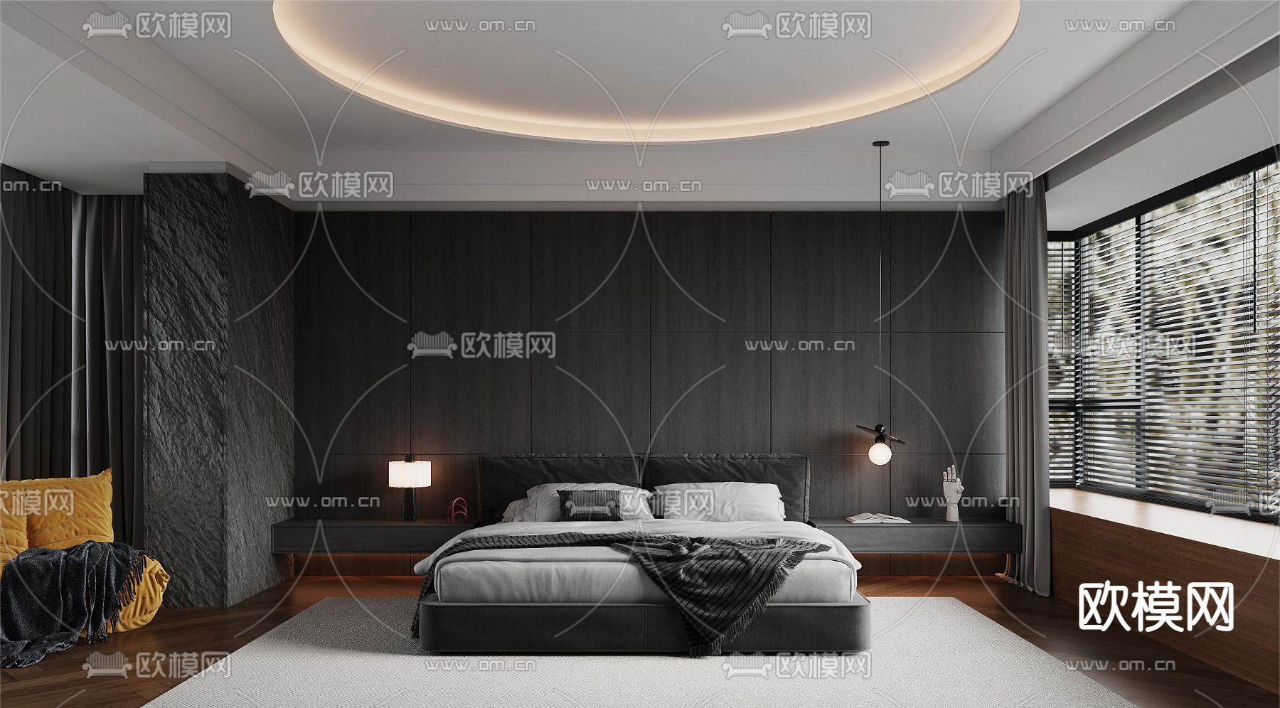 暗黑风卧室 主卧 主人房3d模型下载（渲染图1）