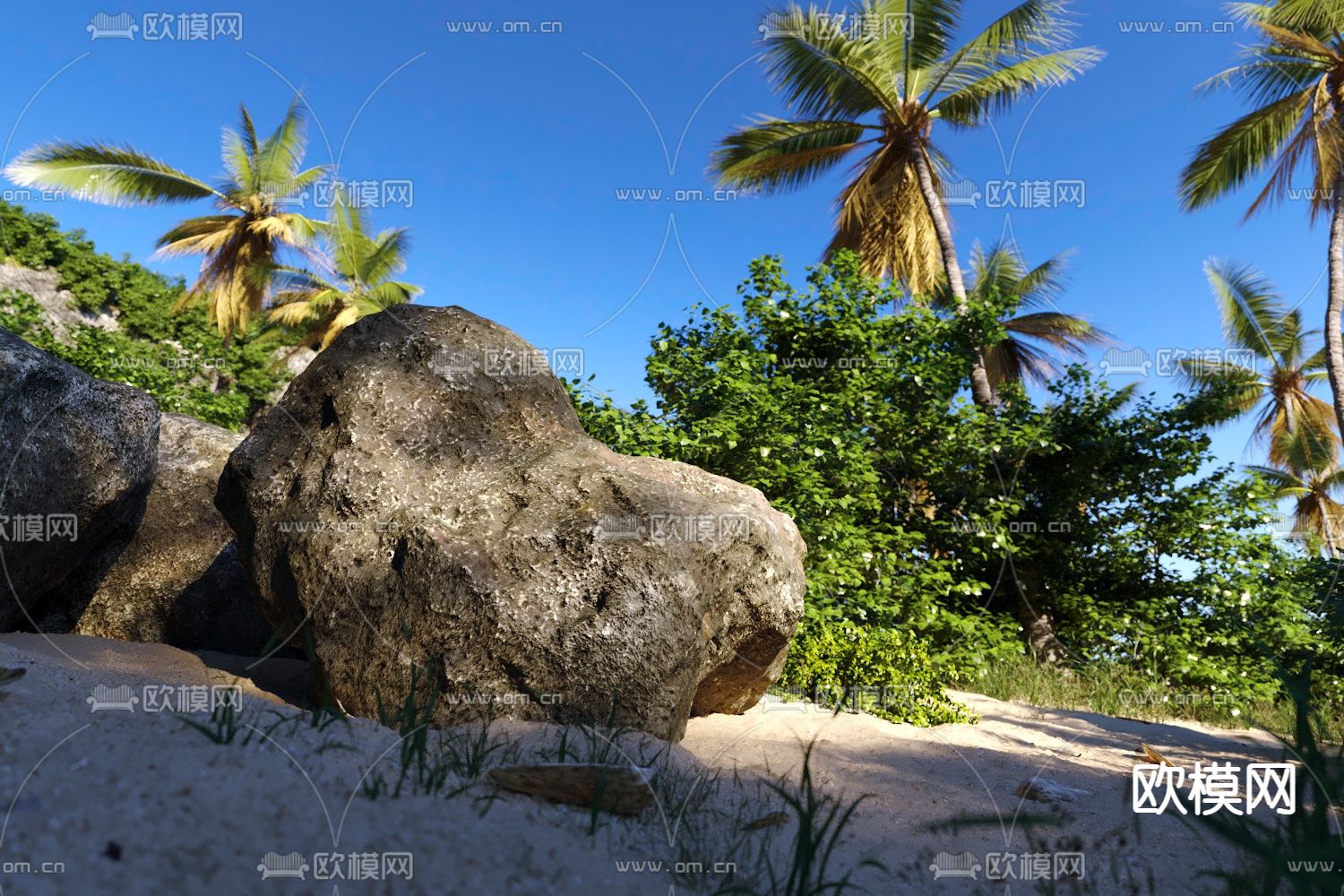 沙滩景观 椰子树 景观石3d模型下载（渲染图4）