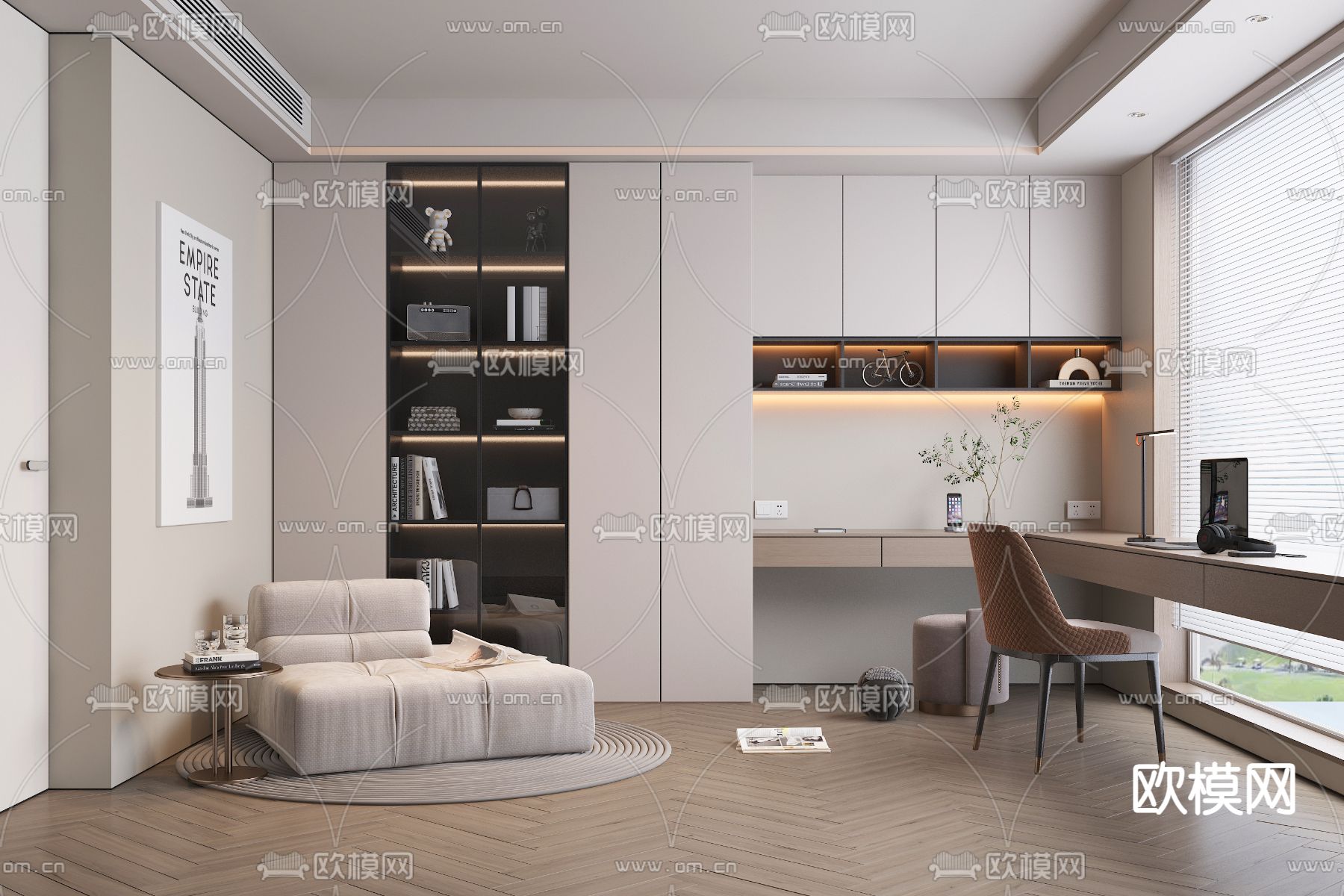 现代书房 学习房3d模型下载