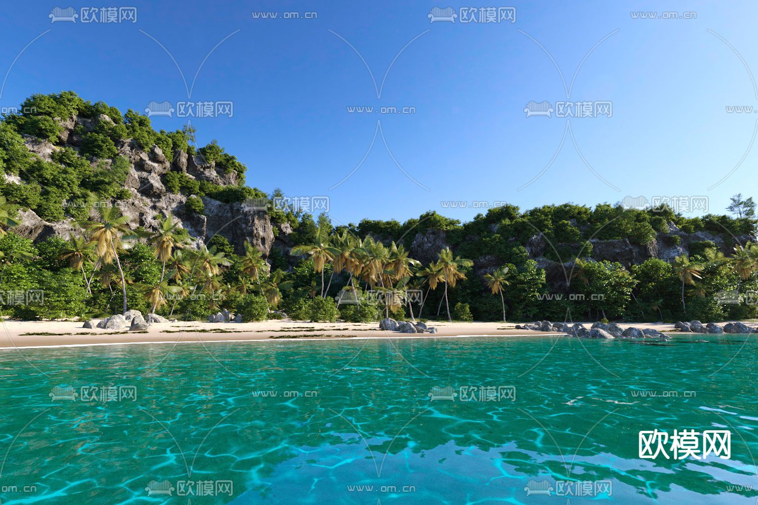 沙滩景观 椰子树 景观石3d模型下载（渲染图1）