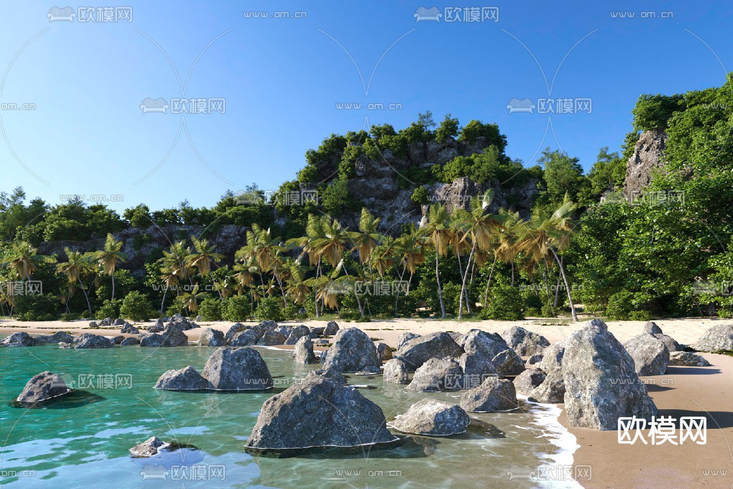 沙滩景观 椰子树 景观石3d模型下载（渲染图1）