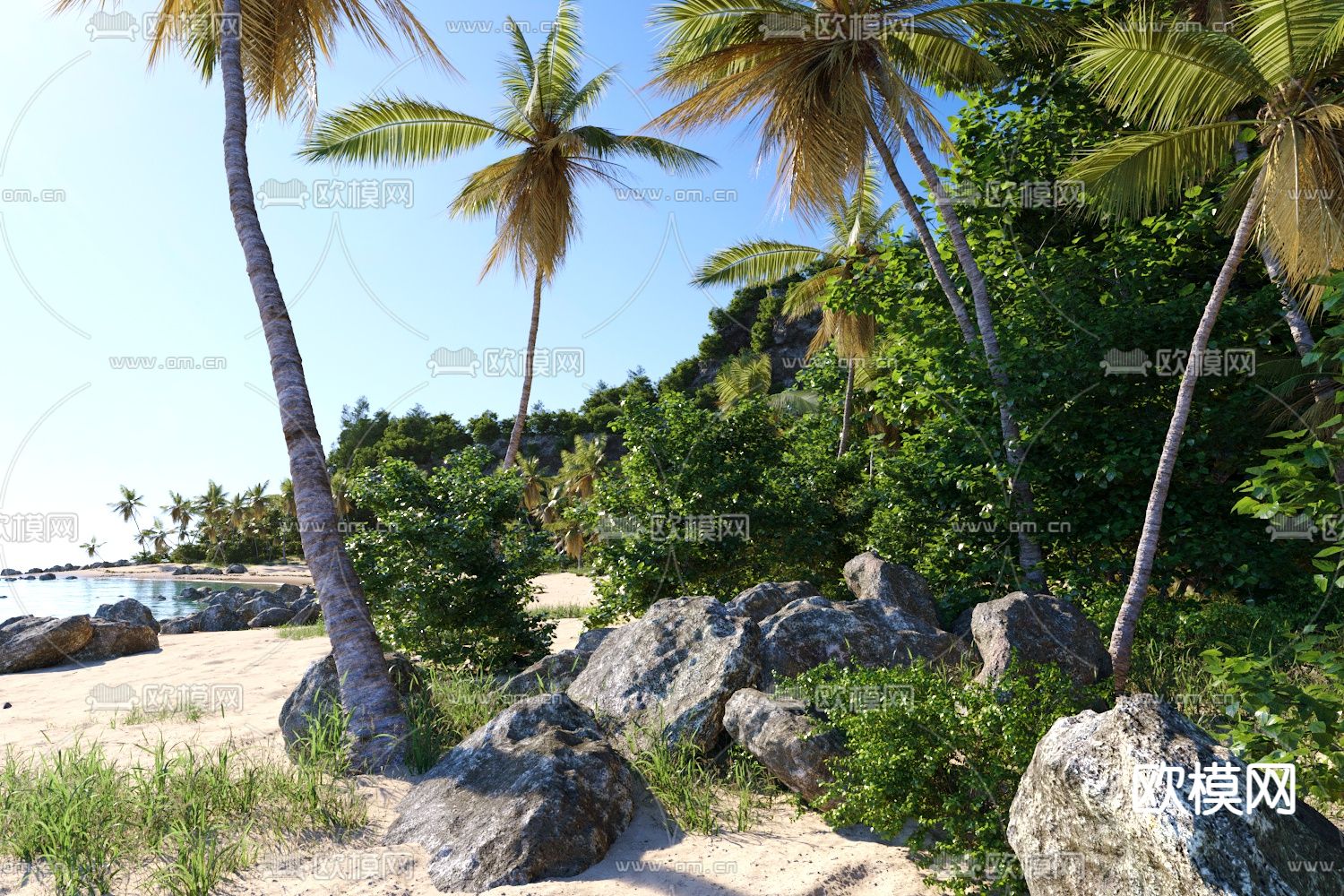 沙滩景观 椰子树 景观石3d模型下载（渲染图2）