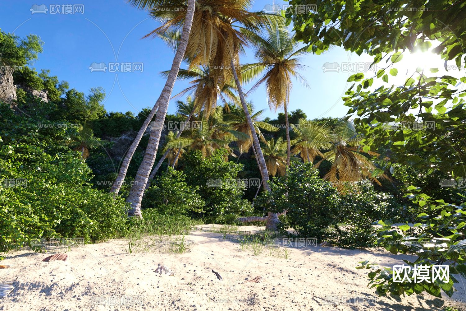 沙滩景观 椰子树 景观石3d模型下载（渲染图5）