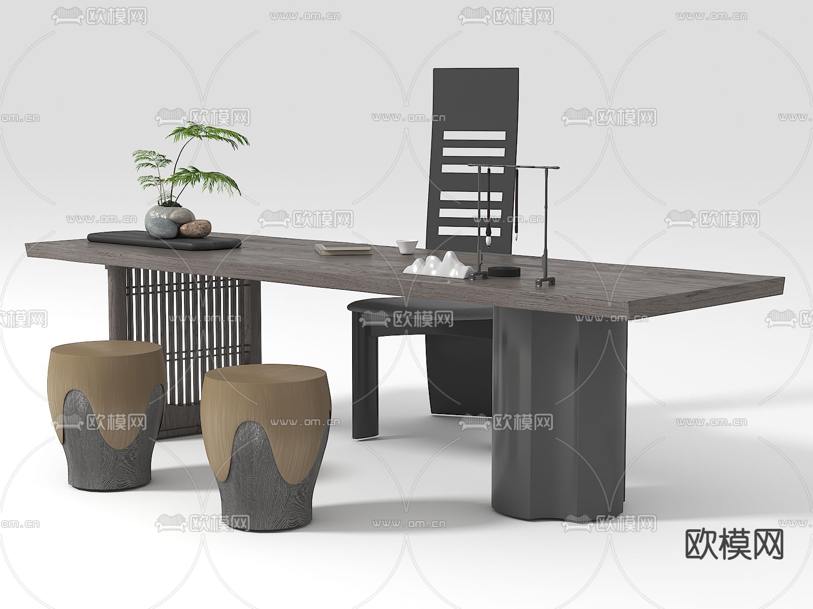 新中式书桌 写字台3d模型下载