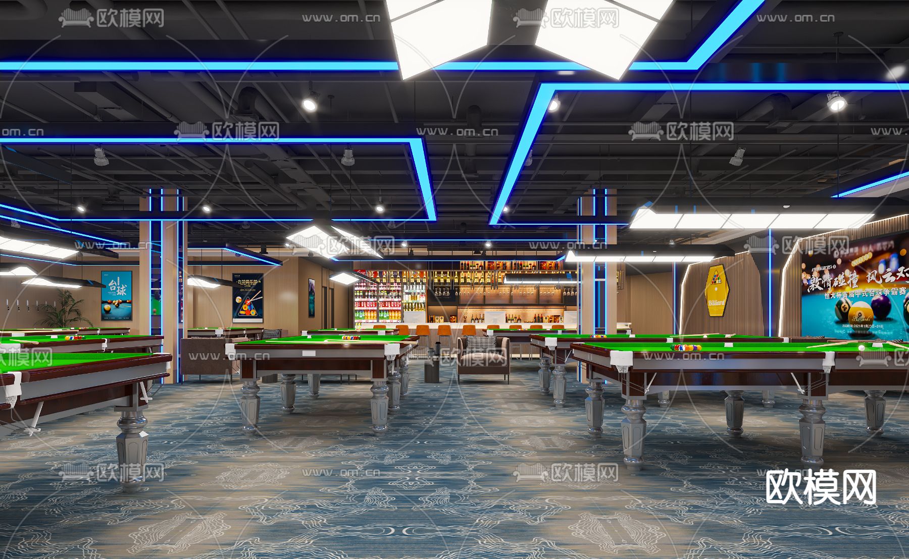 工业风台球室 桌球馆3d模型下载（渲染图1）