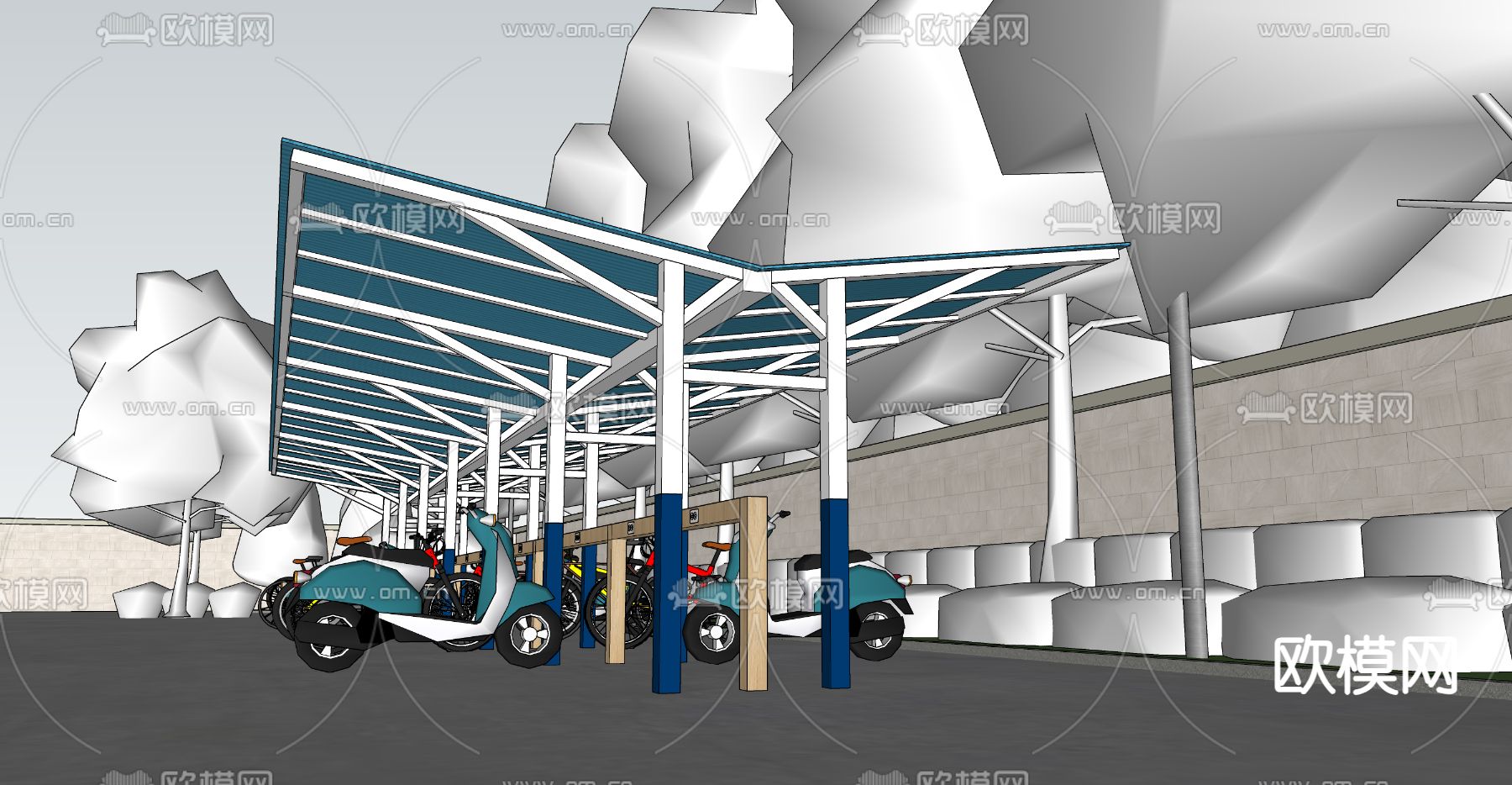非机动车棚 单车棚su模型下载（渲染图2）