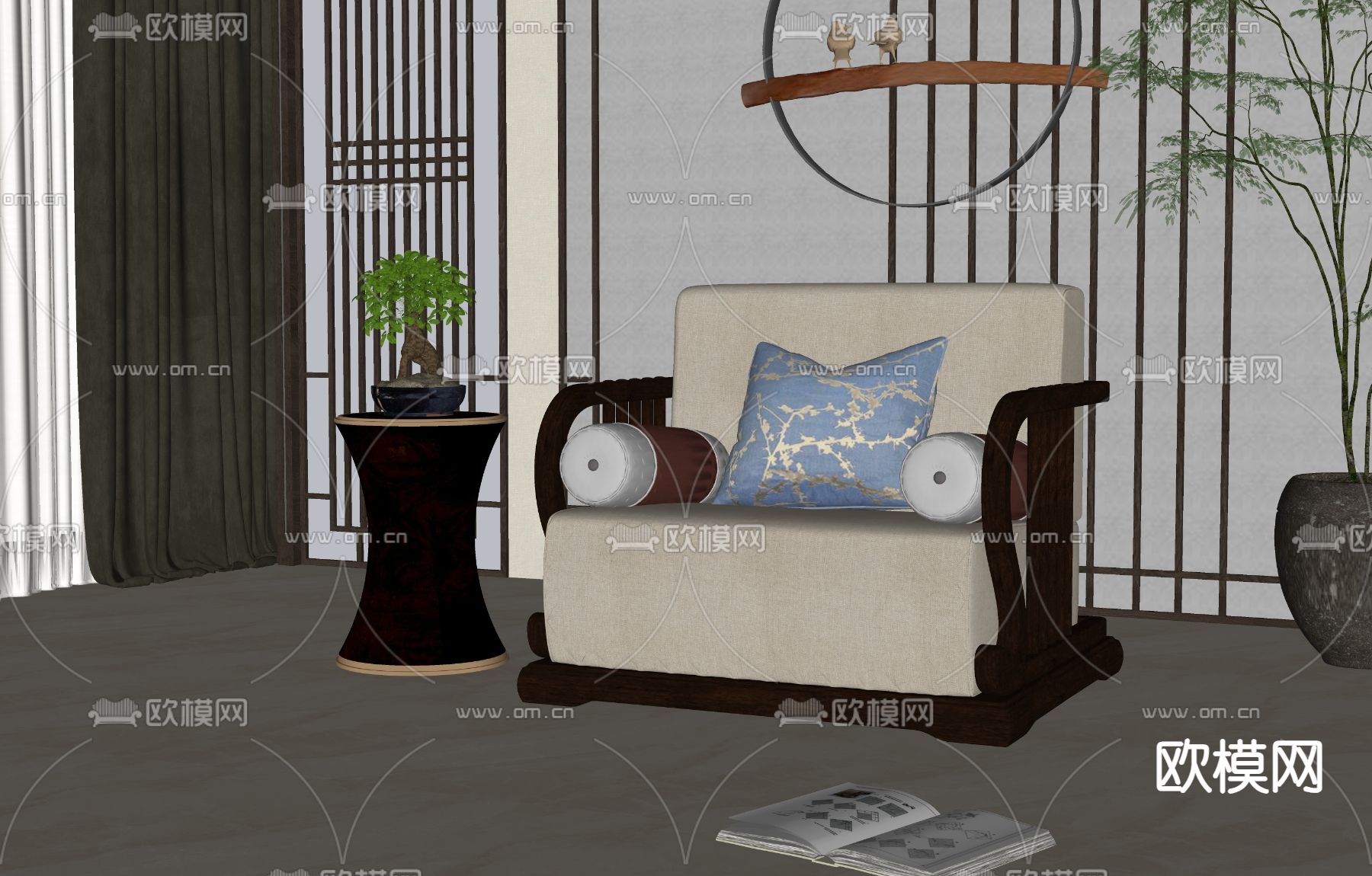 新中式单人沙发su模型下载（渲染图1）