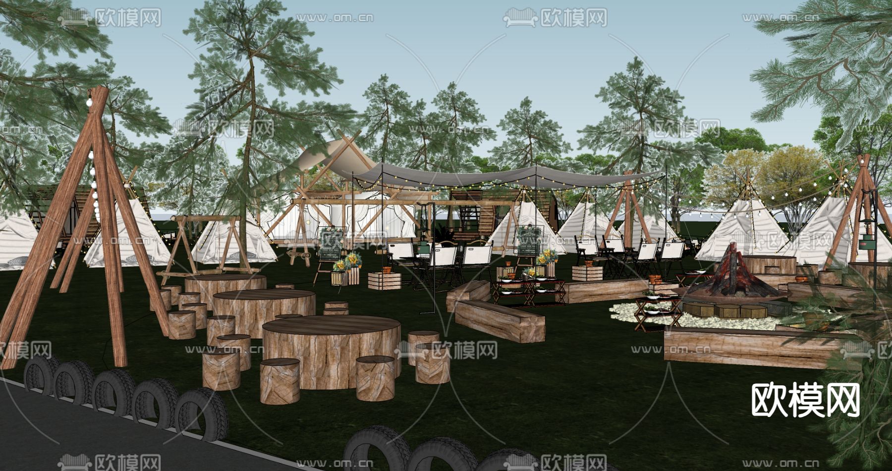 现代星空帐篷 露营桌椅su模型下载（渲染图2）
