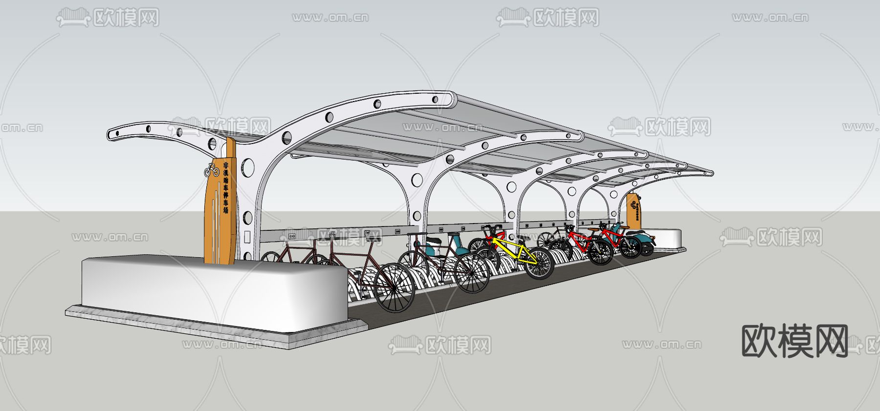 非机动车棚 单车棚su模型下载（渲染图2）