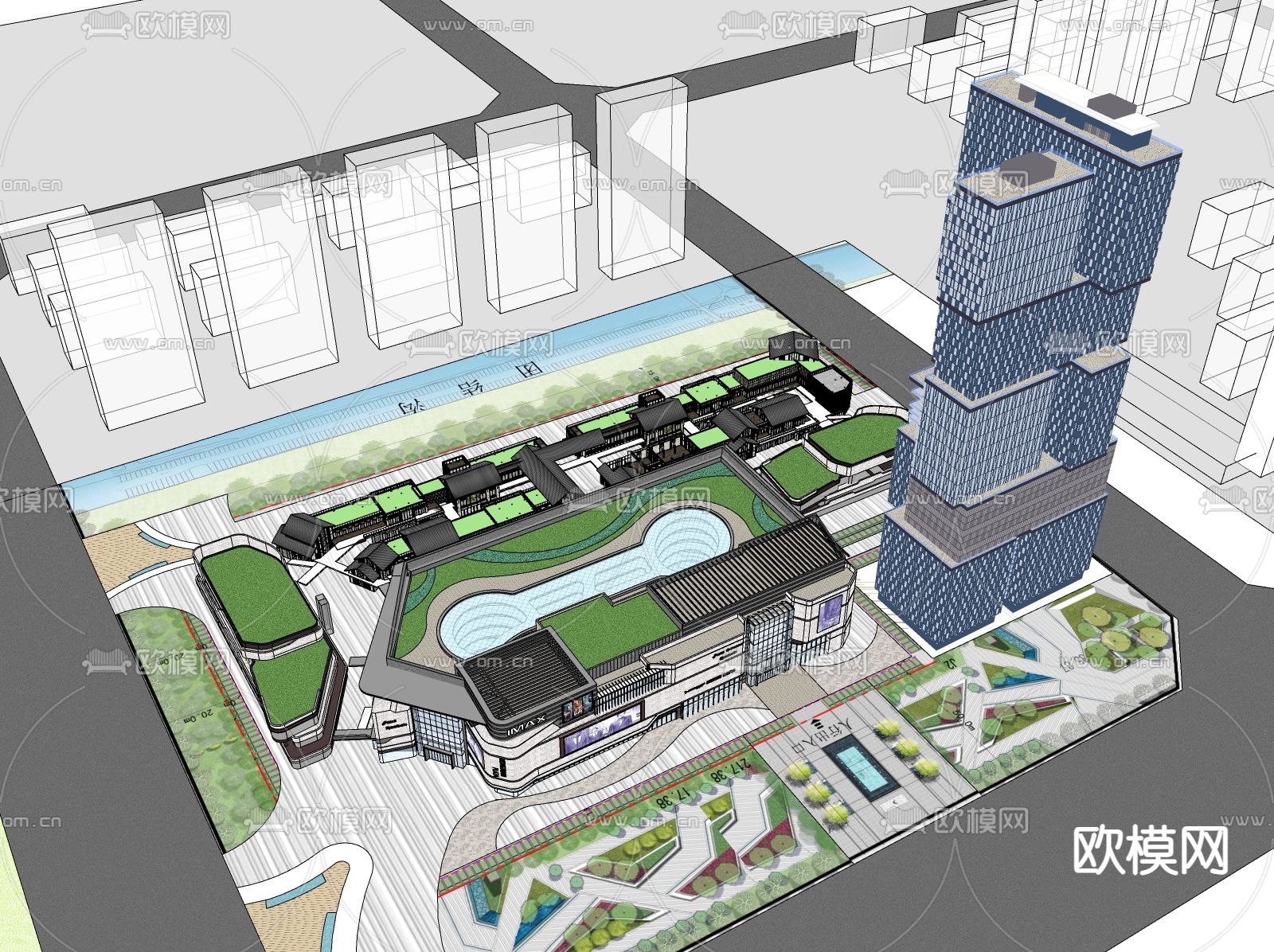 商业总合体鸟瞰su模型下载（渲染图1）