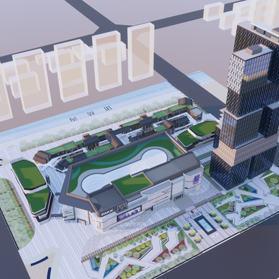  商业总合体鸟瞰su模型 