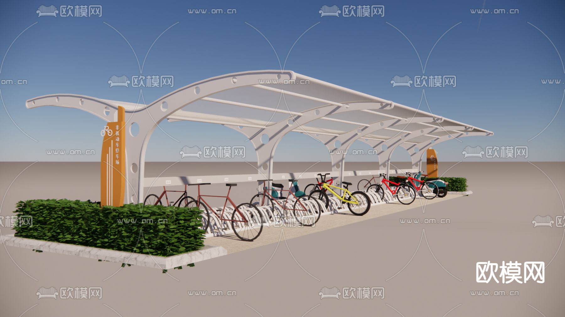 非机动车棚 单车棚su模型下载（渲染图1）