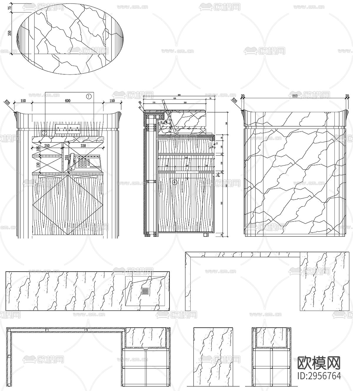 服务台接待台总台详图设计素材cad图库下载（渲染图4）
