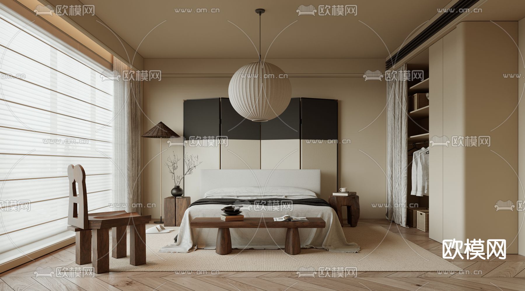 中古风卧室 主卧 主人房su模型下载（渲染图1）