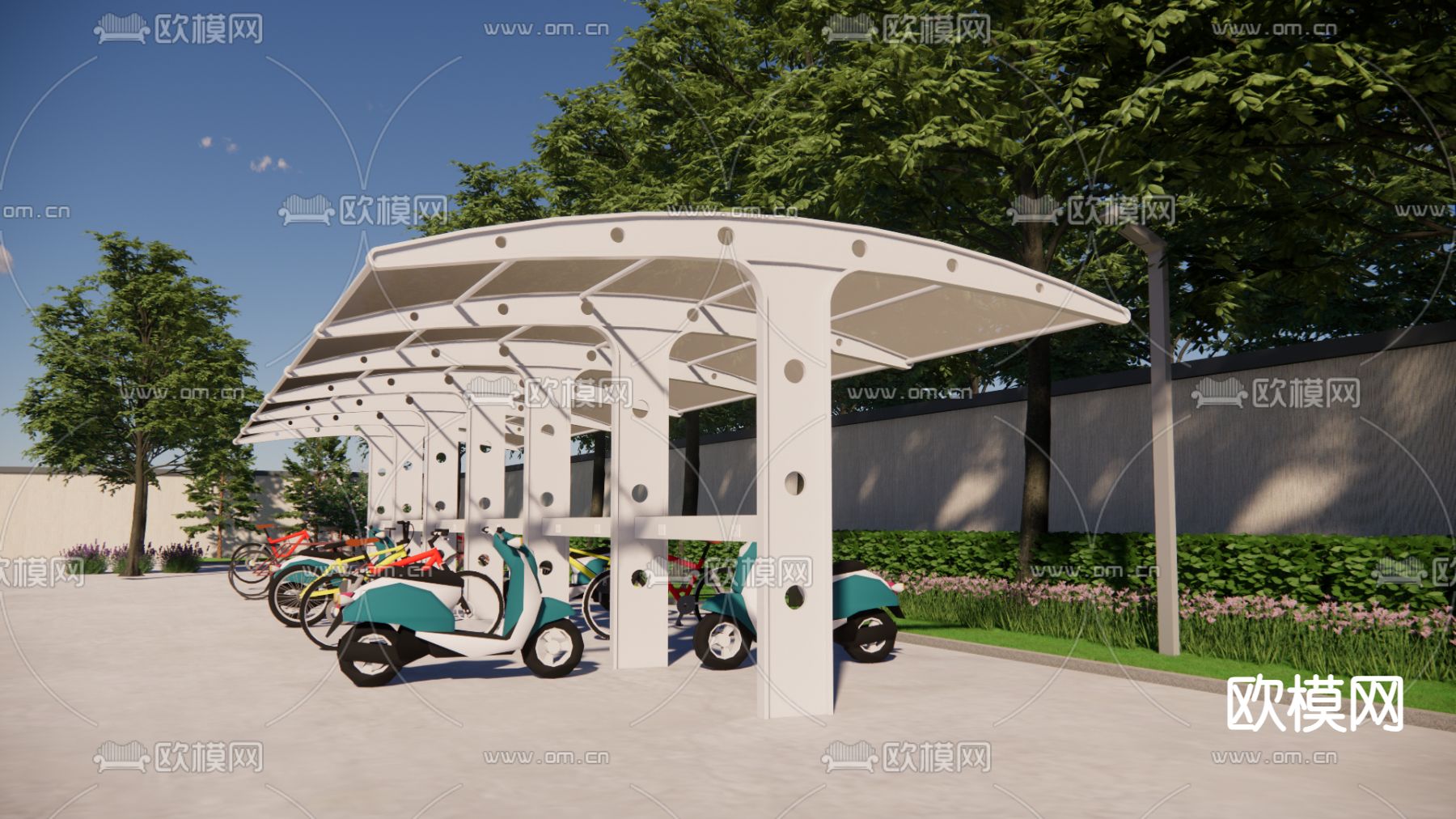 非机动车棚 单车棚su模型下载（渲染图1）