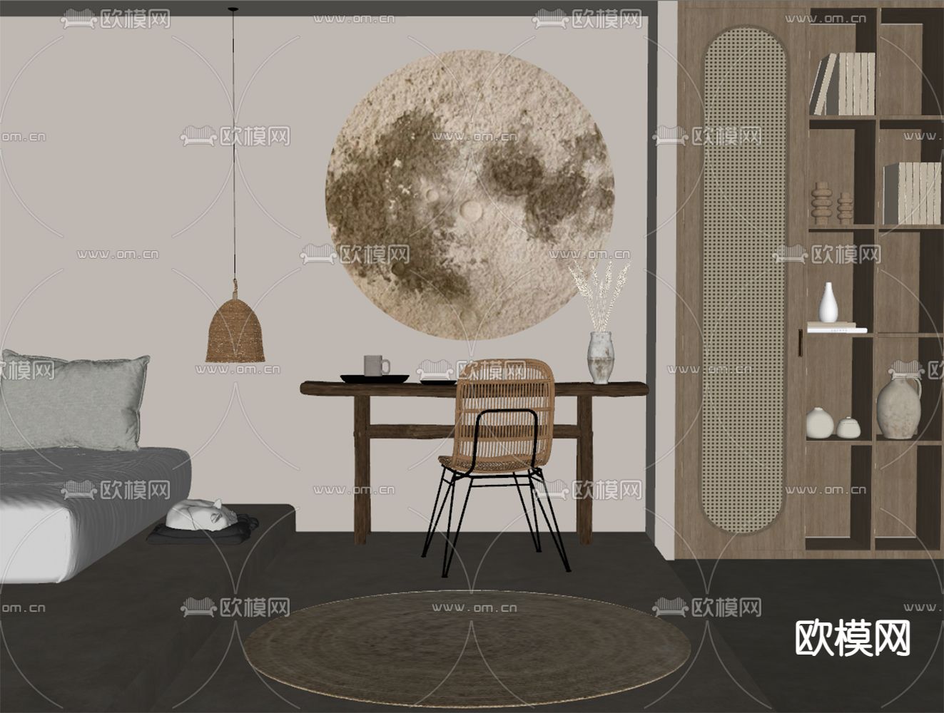 侘寂书桌 写字台su模型下载（渲染图2）