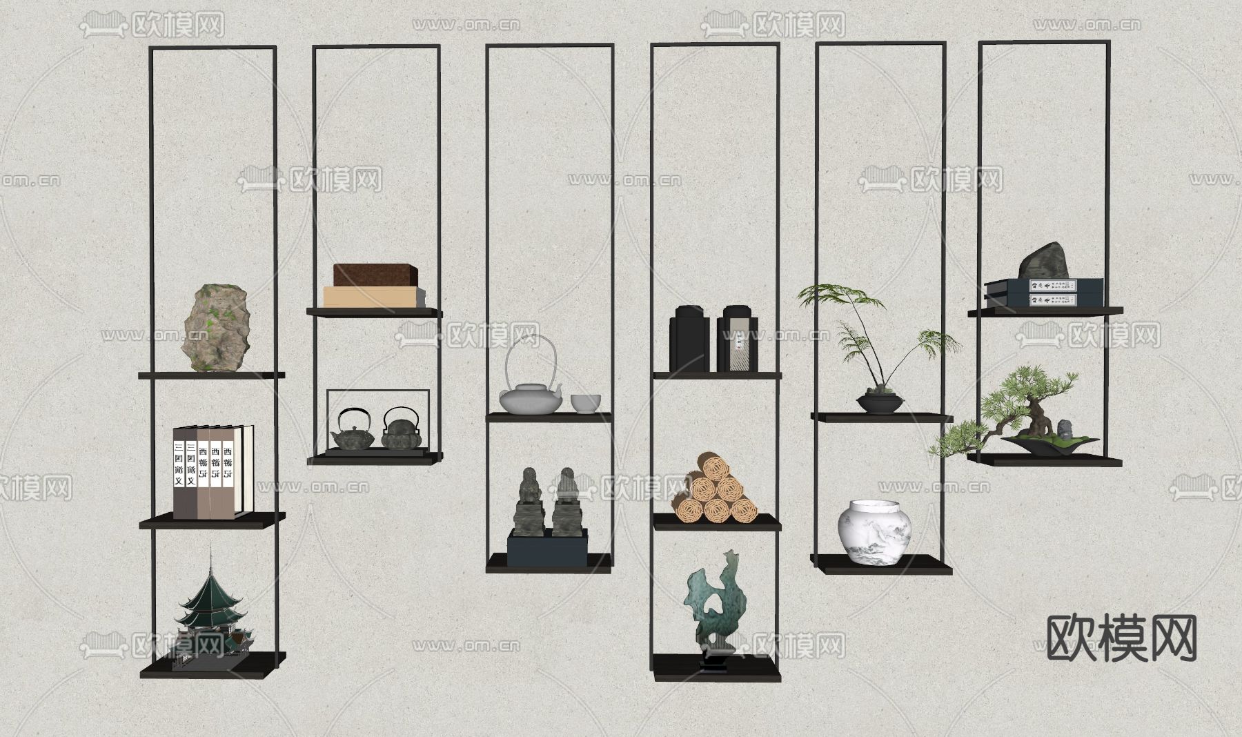 新中式置物架 茶具多宝阁 吊柜su模型下载（渲染图2）