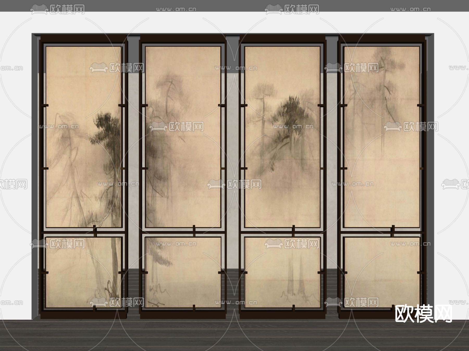 新中式水墨屏风 隔断su模型下载（渲染图1）