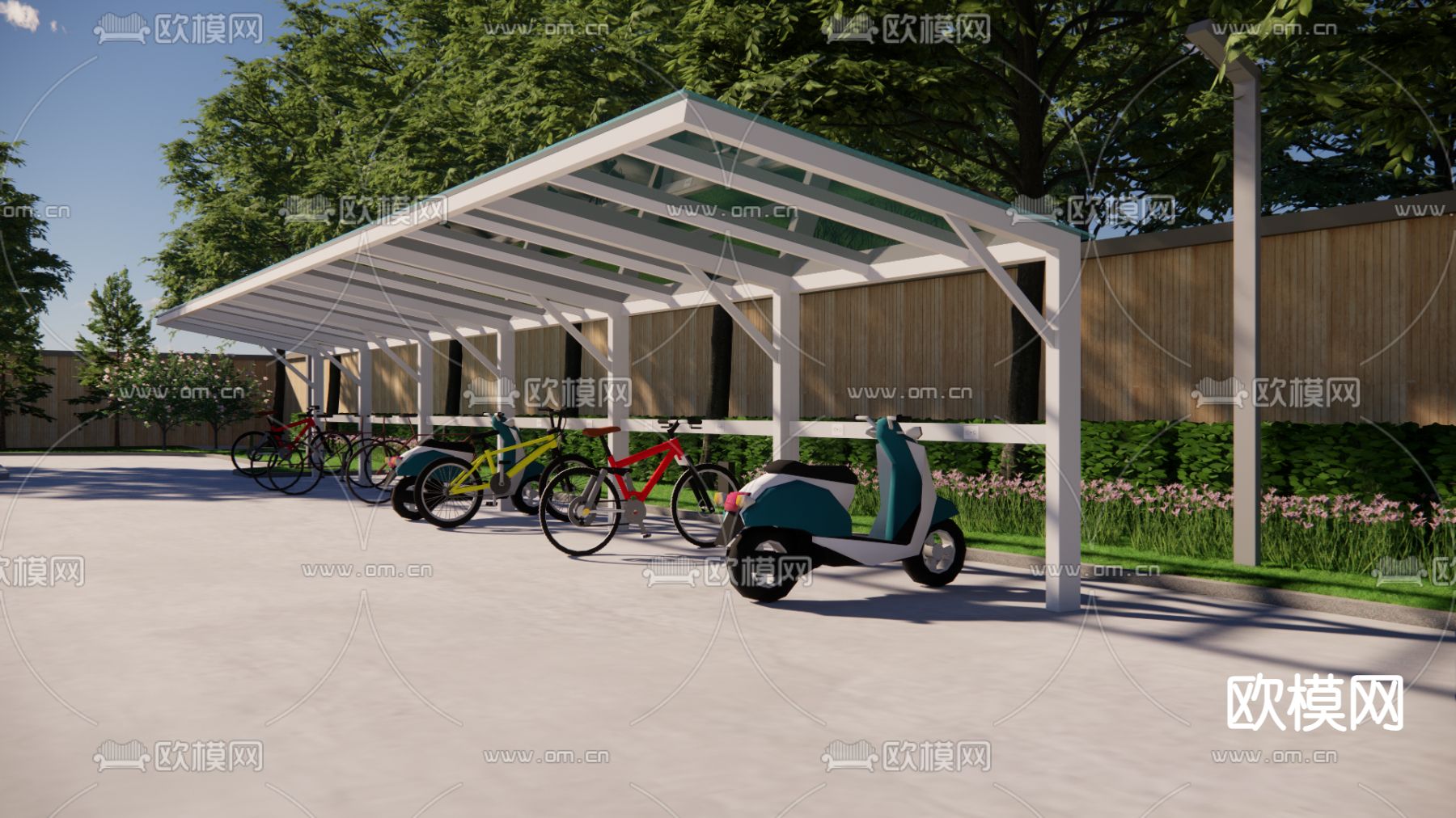 非机动车棚 单车棚su模型下载（渲染图1）