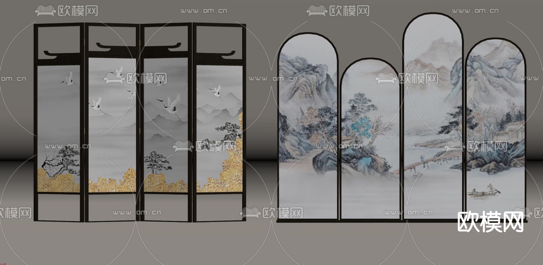 新中式水墨画屏风su模型下载（渲染图1）