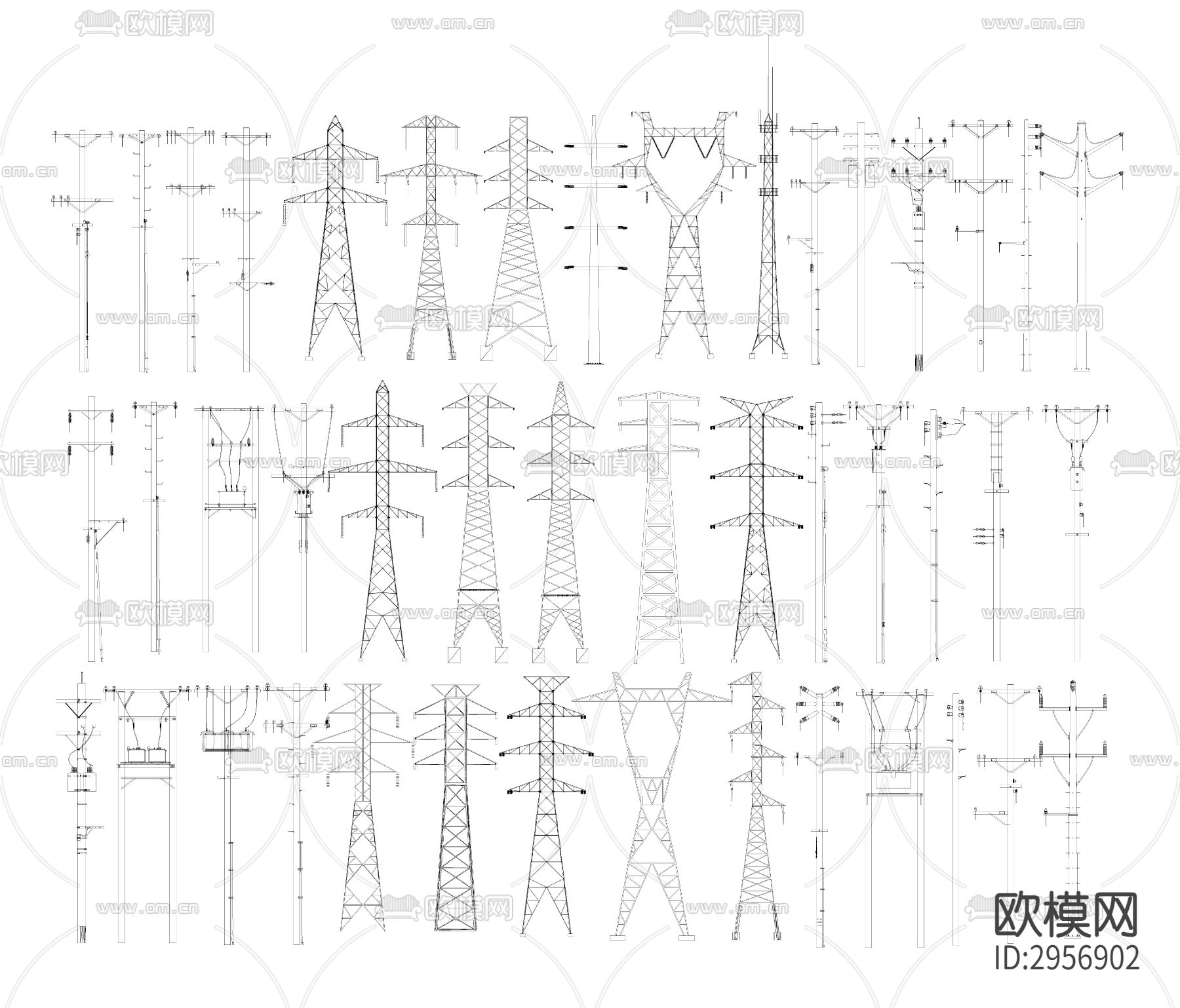 电线杆 高压电塔 高压线 电缆杆 信号塔 输电设备cad图库下载